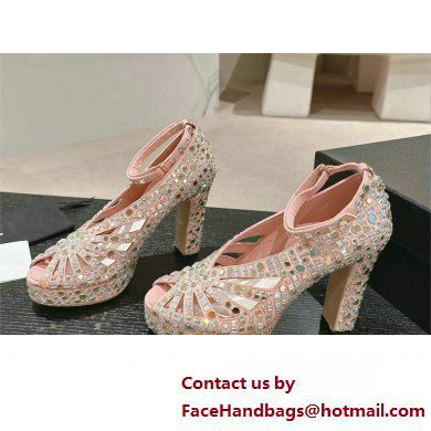 CHANEL HEEL 11CM Strass & Suede Kidskin sandals G45455 SILVER/PINK 2024 - Click Image to Close